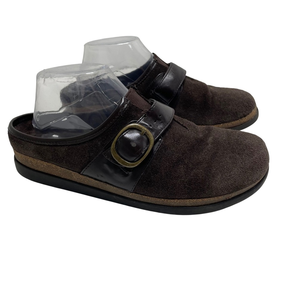 Eurostep Chocolate Brown Suede Buckle Strap Clogs Mules 9.5 M Granola Boho